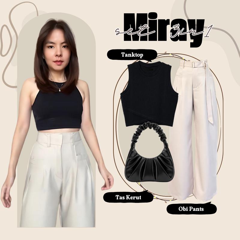 One Set Baju Outfit Cewek (Tank Top Wanita Atasan Crop, Celana Kulot Obi Pants, Tas Bahu Elegan Lucu) LQ085 Setelan Casual Hitam Rib Bawahan Panjang one  set 2