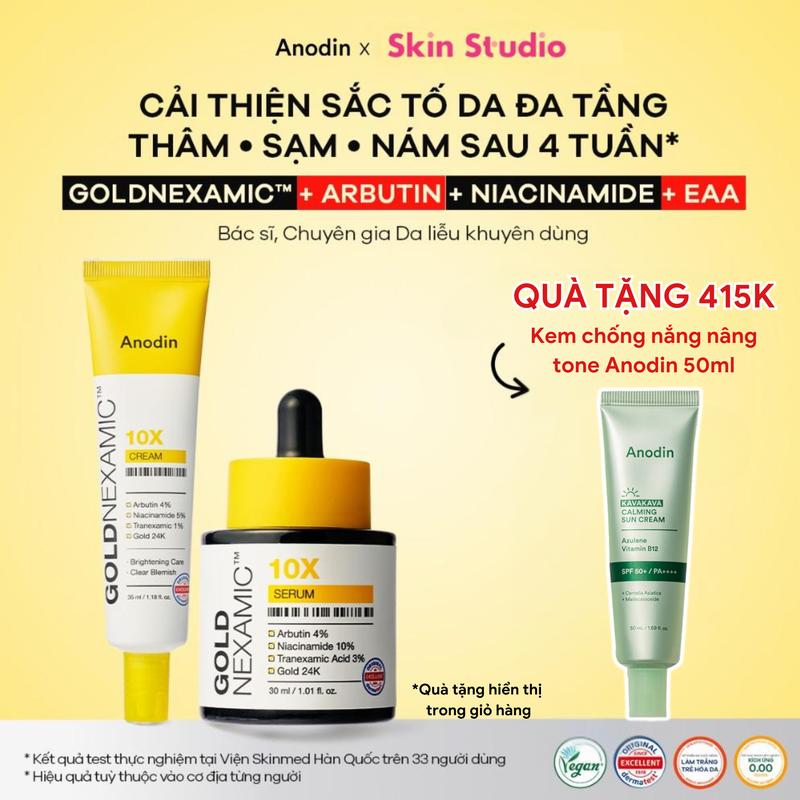 (TẶNG KEM CHỐNG NẮNG 430K) Combo ANODIN GOLDNEXAMIC 10X dưỡng sáng, cải thiện sắc tố đa tầng serum chống lão hóa