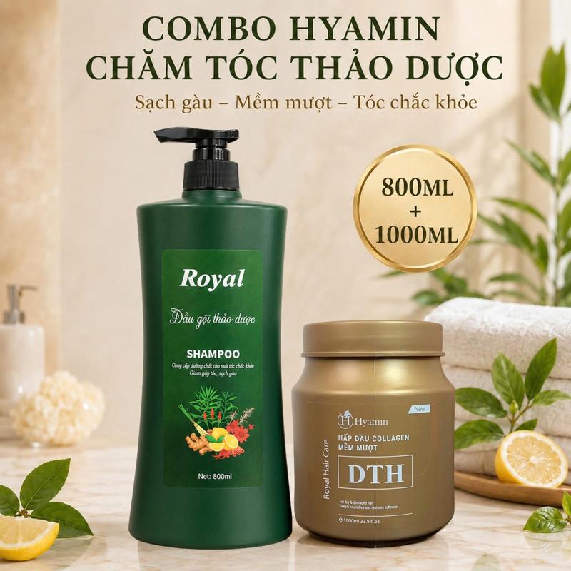 Bộ Sản Phẩm Hyamin Dầu Gội Thảo Dược 800ML Sạch Gàu Và Kem Ủ Tóc Collagen Hyamin Mềm Mượt 1000ML
