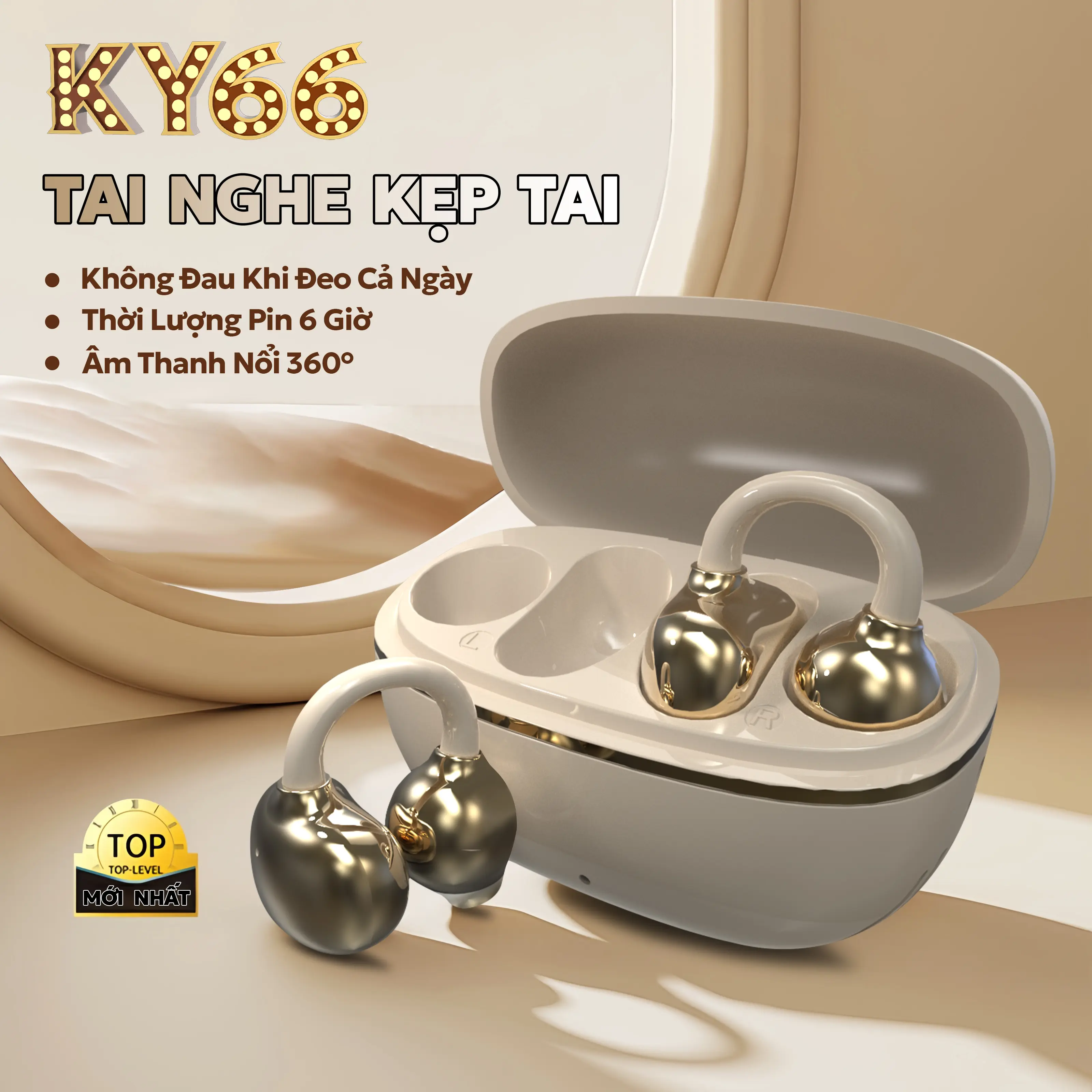 KY66 Tai Nghe Kẹp Tai, Thiết kế cầu chữ C, Công nghệ nghe hở tai, Tự động nhận dạng trái-phải,  Âm thanh nổi cấp HiFi,Điều khiển cảm ứng, Chống nước IPX5, Bluetooth 5.49, Freeclip, Không có cảm giác khi đeo