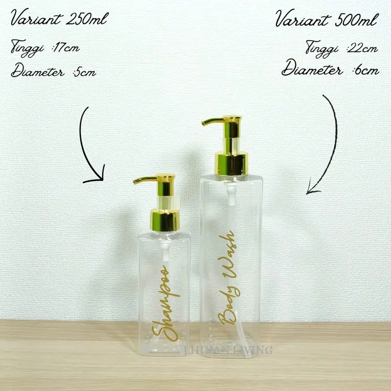 Botol Sabun Cair Aesthetic Kotak Transparan & Amber Glosy Gold dengan Pump Gold Luxury - Plastik 4