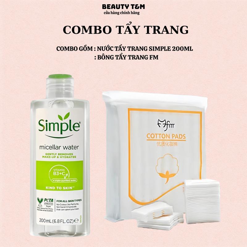Simple Nước Tẩy Trang Micellar Water 200ml Tặng Bông Tẩy Trang Dành Cho Da Dầu Mụn & Nhạy Cả - Dưỡng Ẩm & Làm Sạch Hiệu Quả