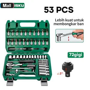 ISKU Set Alat Perbaikan Mobil 53 Pcs dengan Kunci Sok dan Ratchet 24 Gigi dan 72 Gigi Material Baja Vanadium Krom Berkualitas Tinggi Ideal untuk Area Sempit