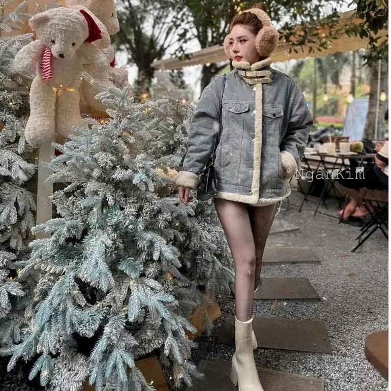 Áo khoác bò lót lông mềm mại hàng QC loại 1. Nữ Women M21 Có Hoạ Tiết 4 Lá