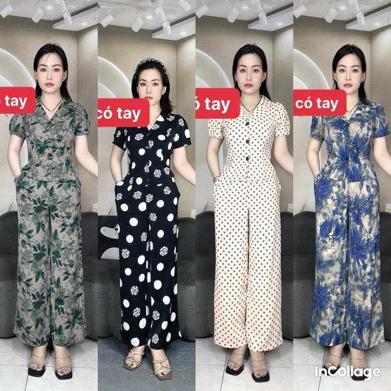 CÓ TAY ĐỒ BỘ NỮ CỔ VEST CÓ TAY CỘC quần ống suông chất liệu lụa mango loại 1 cho nữ 45-67kg