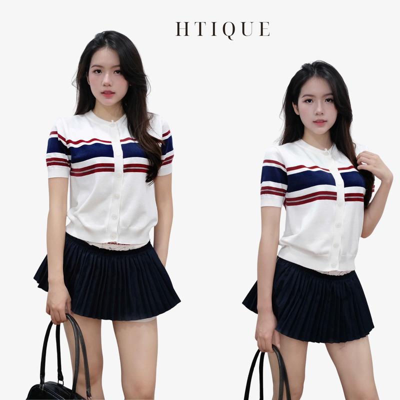 BST Hè HTIQUE DEAL mở bán Áo len dệt kim cổ tròn phối sọc ngang Áo len dệt kim cổ tròn tay ngắn phối sọc đỏ – xanh navy phong cách trẻ trung thanh lịch HT28