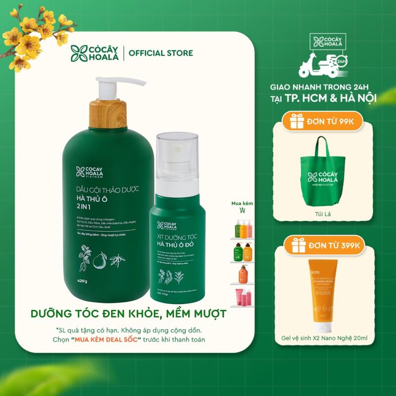 Dầu Gội Thảo Dược Cỏ Cây Hoa Lá Hà Thủ Ô 2in1 420G Và Xịt Tóc Hà Thủ Ô Đỏ 100G