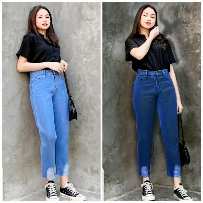 Celana Boyfriend Sobek Bawah High Light Jeans Nyaman Panjang Wanita Dewasa Cewek Remaja Hitam 0