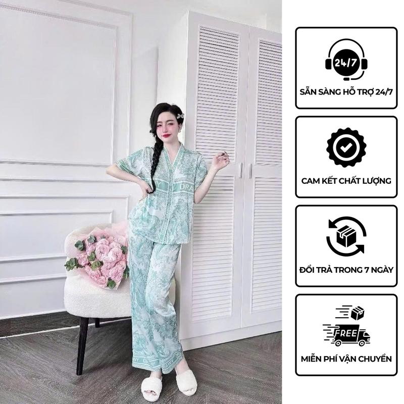 H-Bộ Đồ Ngủ Nữ Quần Dài Cổ Y Hoa Tiết Dễ Thương Chất Liệu Vải Lụa Latin Mặc Nhẹ Mát