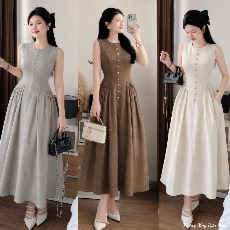 [HOT] Đầm Thiết Kế Hàng QC Chất Đũi Line Trong Lót Lụa Phối Túi Xếp Ly Hàn Đính Cúc Sau Khóa Kéo Sang Mê Luôn
