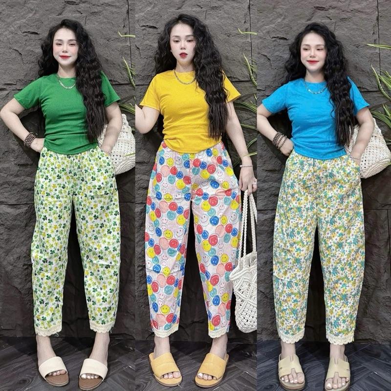 Bộ áo THUN TĂM tay ngắn form ôm vừa cổ tròn , quần đũi baggy in hoa viền may ren Top Women Nữ .