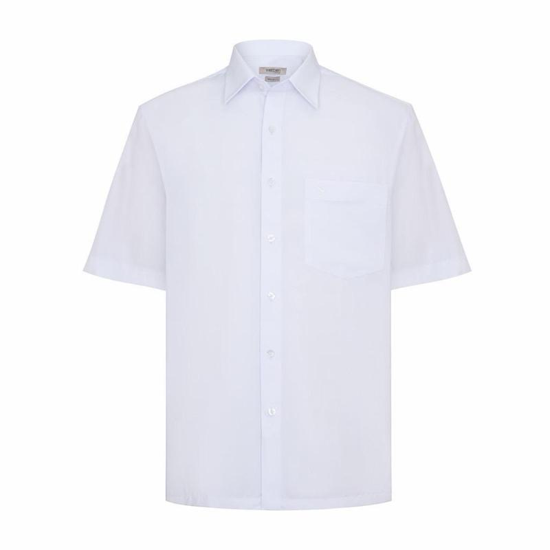 {vải cứng} Áo sơ mi nam trắng việt tiến ngắn tay vạt ngang phom regular (vải Kate  65%poly 35% cotton)