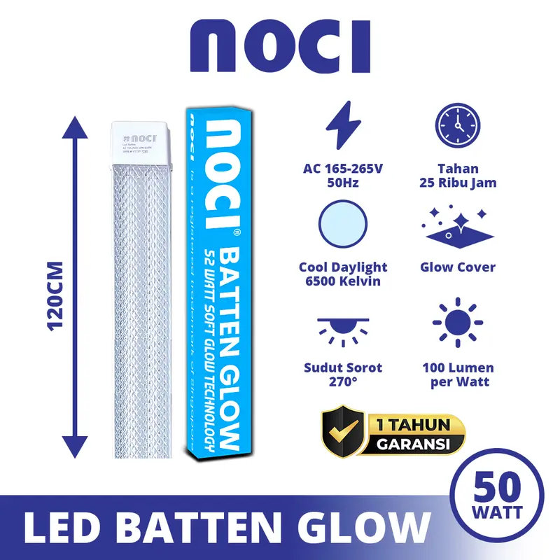 Noci Lampu LED Batten 50 Watt Cahaya Super Putih Terang Hemat Daya
