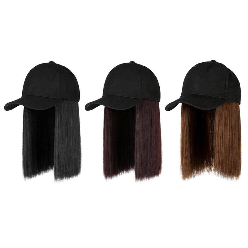 Fashion wig, black hat, hat, long wig, baseball cap, long straight hair, hat with wig m8j9 0