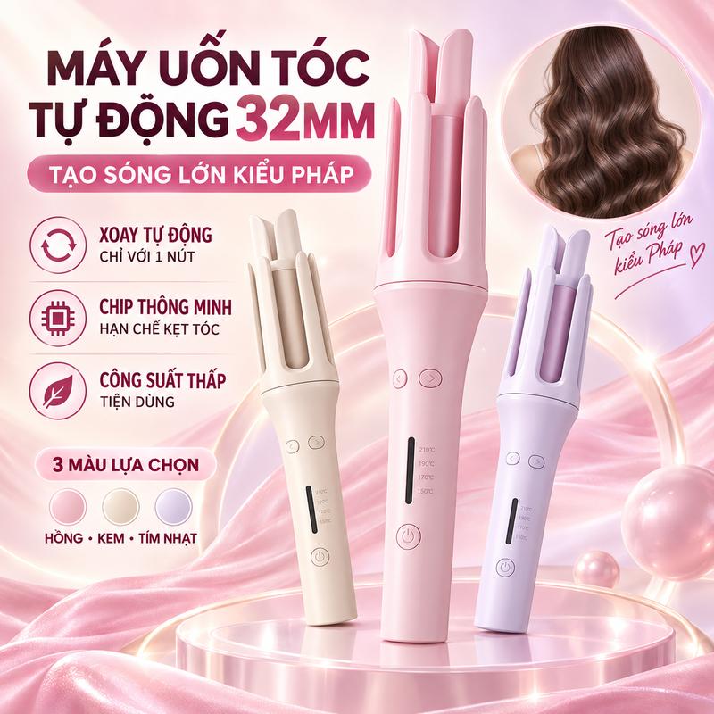 Máy uốn tóc tự động AMEE 32 mm, trục uốn xoắn ốc, lớp phủ gốm kết hợp ion âm chăm sóc tóc, 3 mức nhiệt tùy chỉnh, bảo hành 1 năm