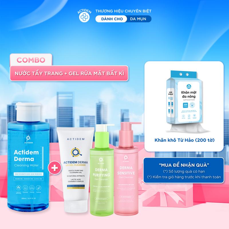 [LIVE DEAL NƯỚC TẨY TRANG] Combo Nước Tẩy Trang Actidem 500ml tặng Khăn khô Từ Hảo 200 tờ