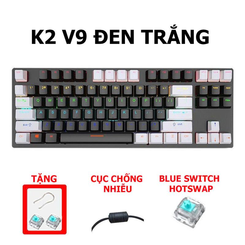 Bàn phím cơ K2 V9 Hotswap 87 phím led đa điểm ánh sáng nhiều màu cục chống nhiễu từ tính có hotswap keyboard gaming k2 phiên bản nâng cấp