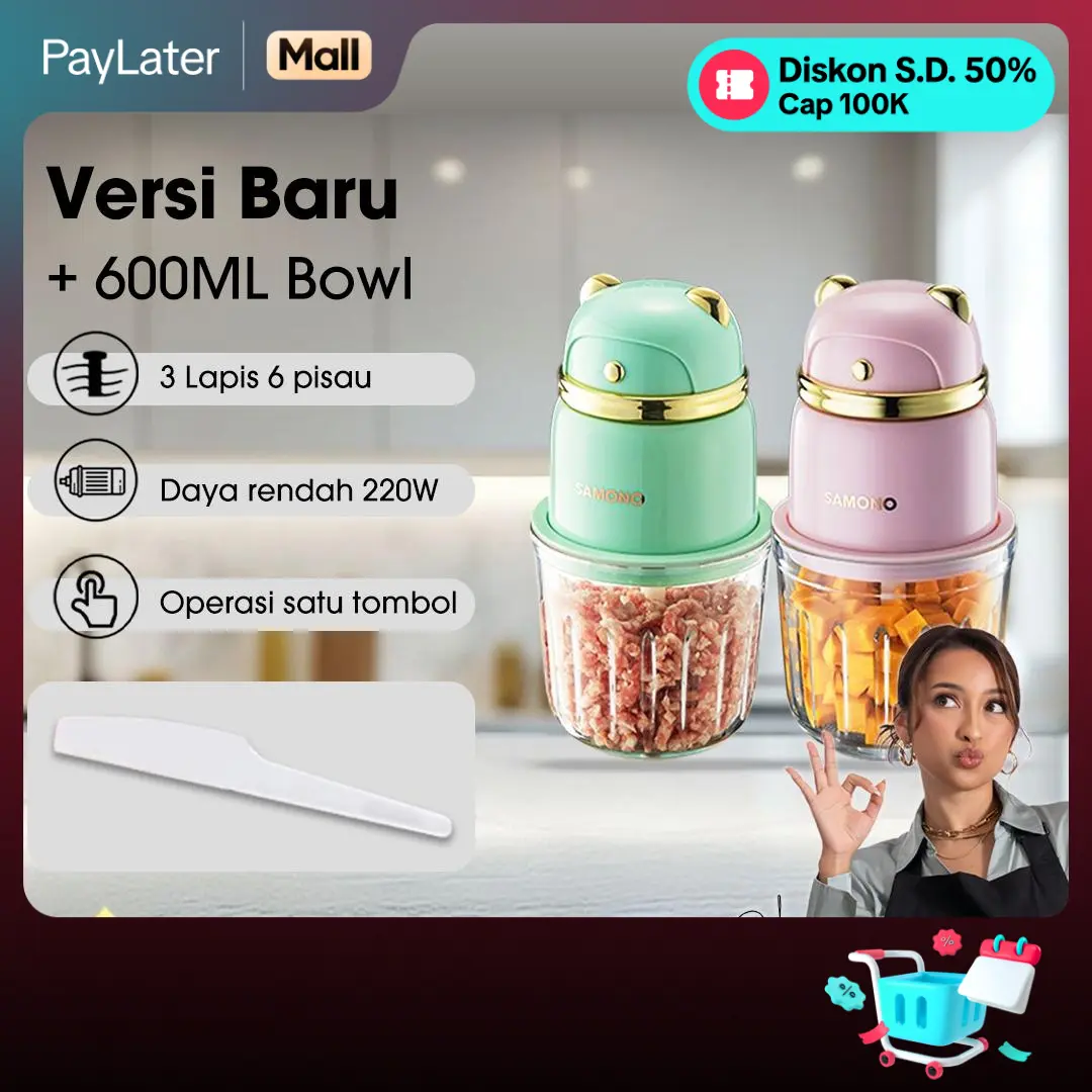 (FLASH 9.9) Samono Food Processor Mesin Penghalus Daging dan Sayuran 600 ml [SW-MC600} Pisau Portable Stainless Penggiling