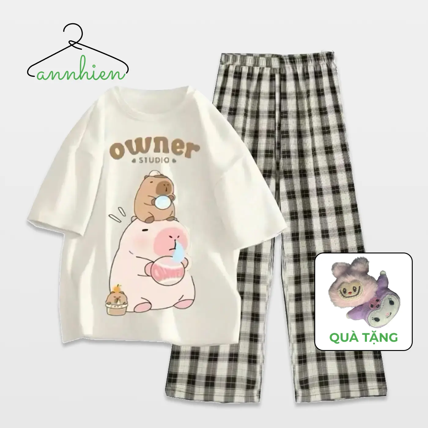 (Tặng mặt gấu bông) Set đồ quần dài áo thun CAPYBARA và LABUBU dành cho bé gái chất liệu vải mềm mịn thoáng mát 3 màu