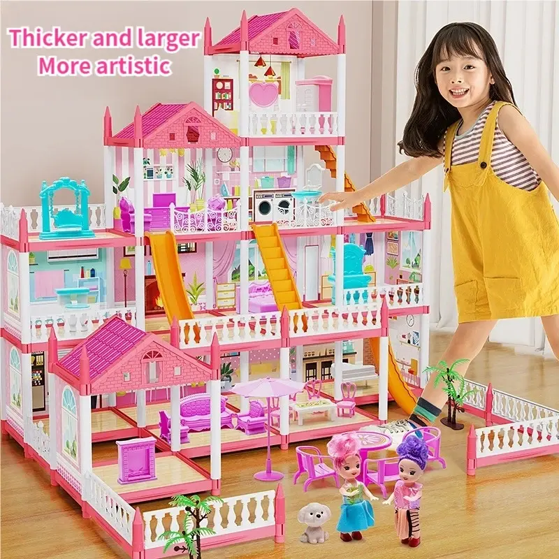 Mainan Rumah Rumahan Anak Perempuan 3D Princess Kastil Villa dengan Lampu dan Boneka Perakitan DIY Rumah Mainan Doll Toys