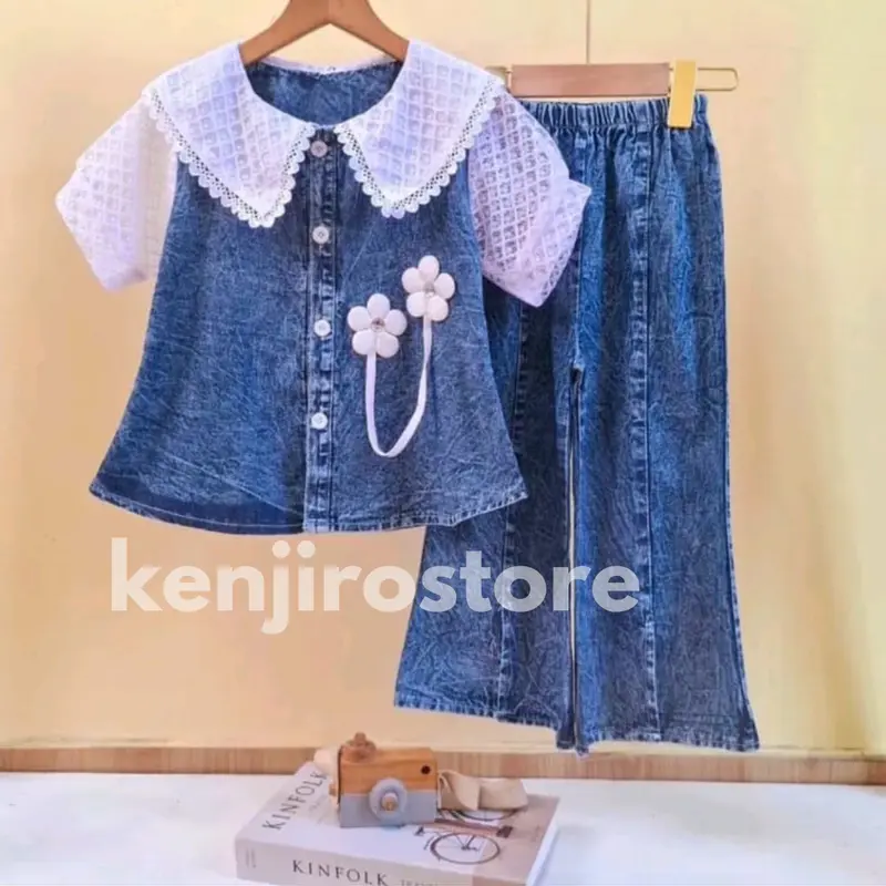 Set Anak Perempuan Zoya Jeans Cutbray Bunga Tulip Import Usia 3-10 Tahun Terbaru 2024 - Baju Celana Fashion Motif 0