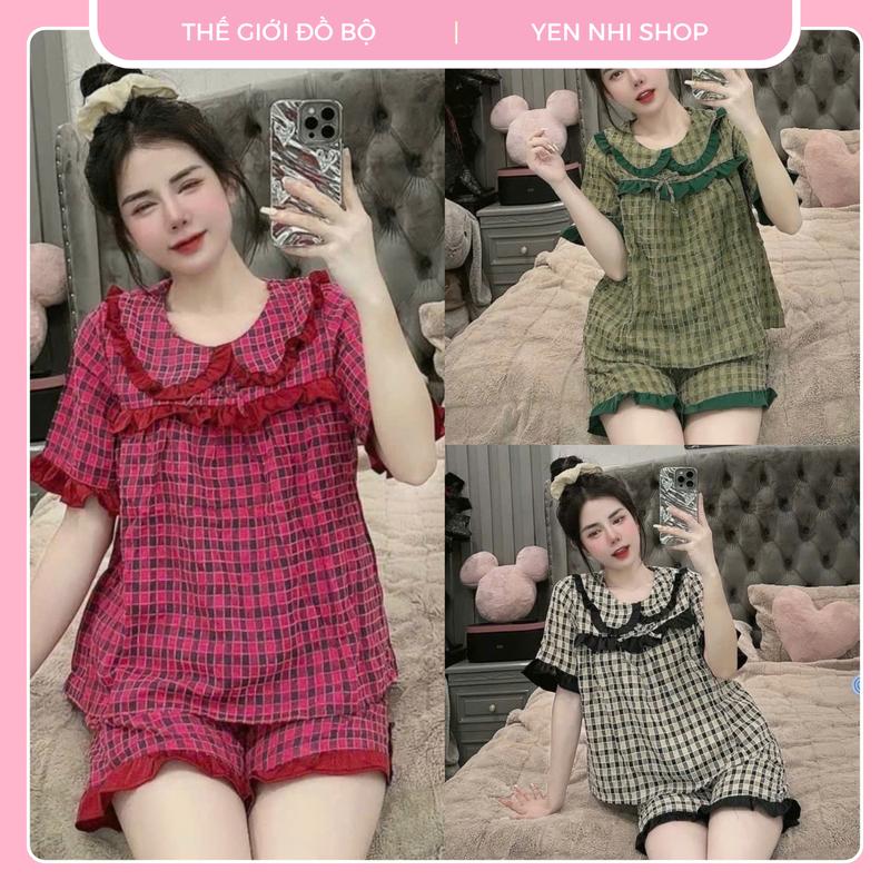 ( BigSize48-90kg) Đồ Bộ Nữ Mặc Nhà Mặc Ngủ BỘ ĐÙI CARO KẺ VIỀN BÈO MỚI Chất Đũi Cao Cấp