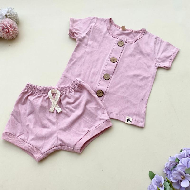 QUEBEECLOTH -Baju setelan oblong kancing depan celana pendek polos sehari-hari fashion kekinian anak bayi cewek perempuan murah -beb 1