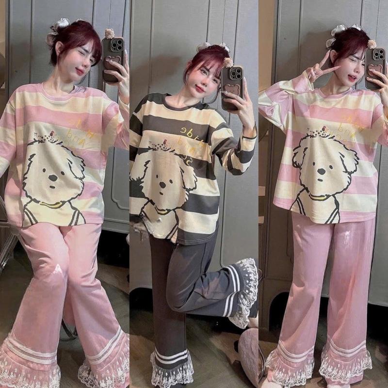  SÉT Bộ Đồ Nữ Áo From Thụng In Hoạt Hình + Quần Loe phối ren Thun gân Cao cấp 