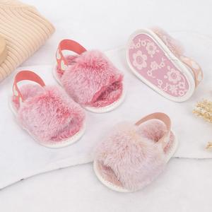 รองเท้าแตะเด็กผู้หญิง, สำหรับทารกและเด็กวัยหัดเดิน, สายรัดหลังยืดหยุ่น, รองเท้าแตะ, นุ่ม, สไตล์เจ้าหญิง, รองเท้าแตะขนเทียม, รองเท้าใส่ในบ้าน First Walker