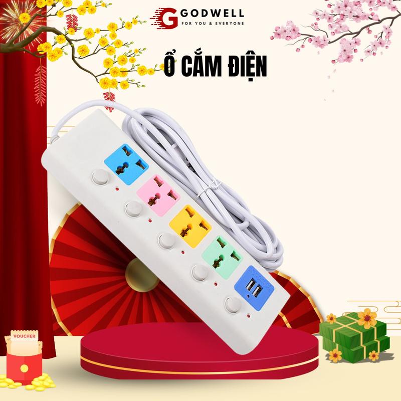 Ổ Cắm Điện USB Đa Năng Cao Cấp Chống Giật Dây Dài 4m Công suất 2500W 2 Cổng Cắm USB Có Chốt An Toàn