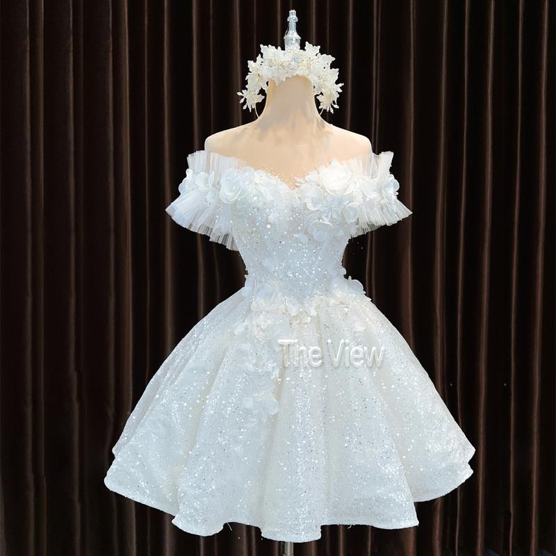  Váy cưới cô dâu ngắn MIDI trắng trễ vai ngan gối áo cưới cho cô dâu đi bàn Women Dress MÃ 252 