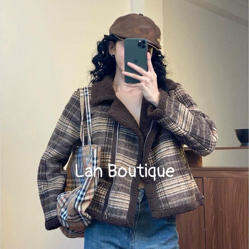 Áo Khoác Nữ Dạ Lông Cưu from rộng chất dạ dày dặn hoạ tiết kẻ sọc QC (8199)Jacket Top Women