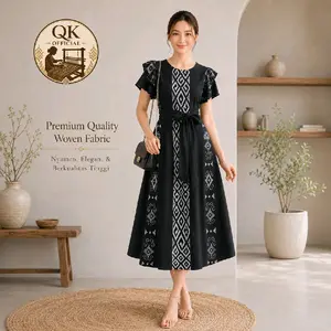 DML13- Dress midi wanita / kain tenun asli Troso jepara / warna hitam / QK Official model cantik baju kekinian
