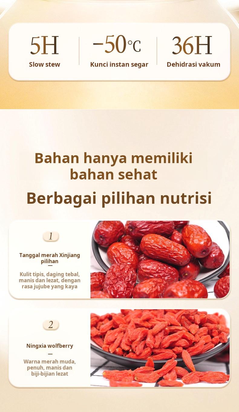 Sarapan instan, tidak perlu dimasak, sup kurma merah, beri goji, umbi bunga lili, dikemas individual, bisa diminum kapan saja, kaya kolagen, perawatan kulit, mendukung pencernaan, sehat & rendah gula.