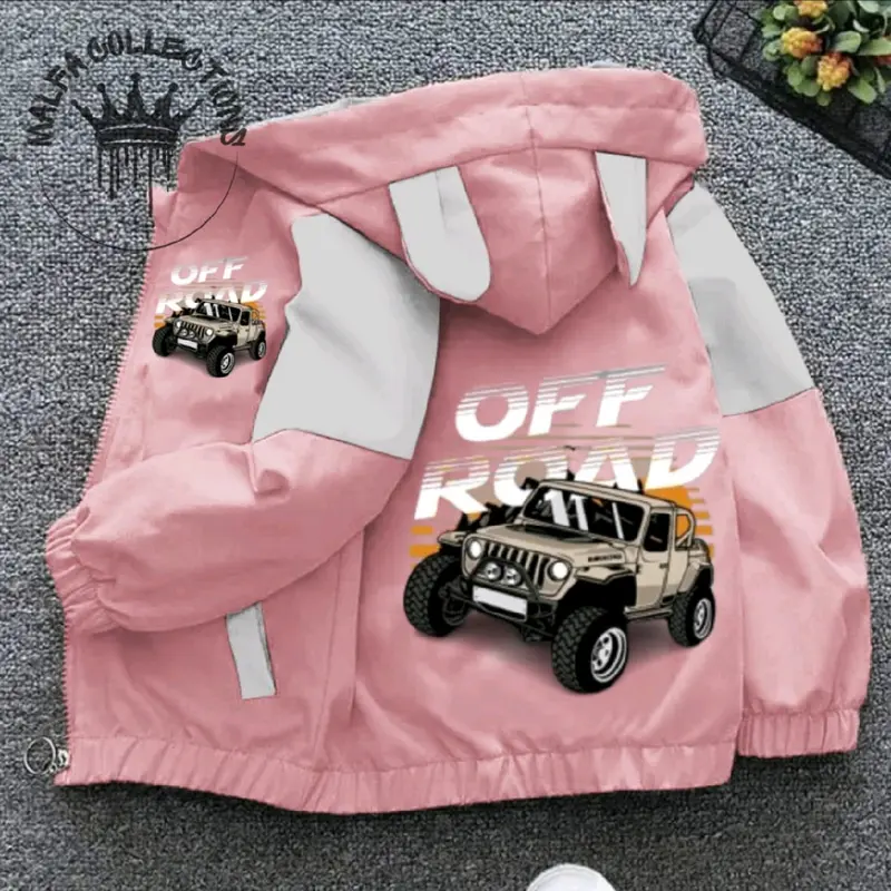 jaket anak kombinasi waterfroop premium berkualitas tinggi cocok buat anak laki" yang bergambar mobil off Road sang peredator jalanan hutan 1