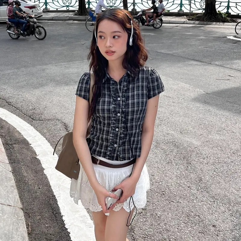 Nimbus Top - Áo kiểu nữ, áo sơ mi nữ họa tiết caro phối bèo ngắn tay nhiennhienvintage BA474 6