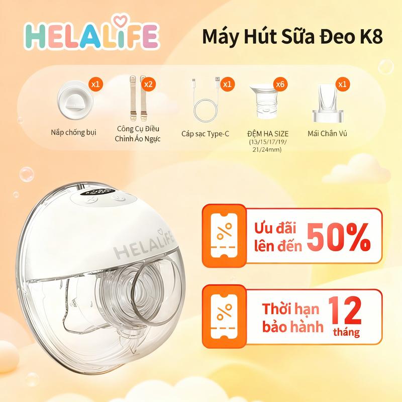  Helalife K8-Máy Hút Sữa Đeo Được Khung Silicon Mềm Mại 4 Chế Độ & 12 Cường Độ  150ml  + Bộ Flange 
