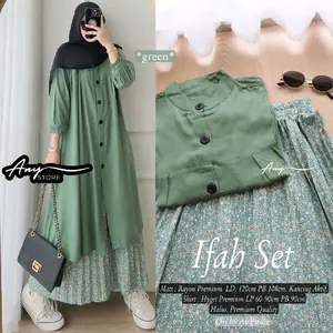 ifah one set tunik dan rok by A.N.Y store long tunik rayon rok plisket motif bunga skirt plisket floral tunik full kancing setelan wanita kekinian one set jumbo ld 110 xl xxl tunik busui outfit kampus kekiniaan
