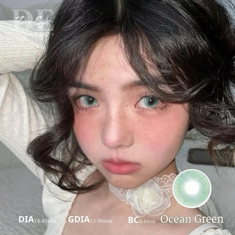    Ocean Green   Kính áp tròng Doe Eyes - lens xanh giãn 14.4mm - cận 0-7độ kèm khay vn  14.5mm  snow ball black lens + 3 gifts 