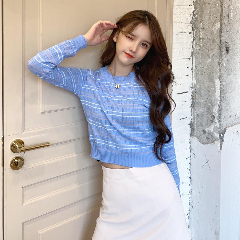 Product Introduction of Misso Kode BJ1653 Baju Atasan Sweater Knit Rajut Korean Fashion Wanita Lengan Panjang Motif Garis Knitwear Top Crop Salur  Stripe Outer 2