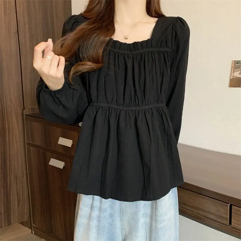 Plus size women's new puff sleeve square collar shirt women's loose long sleeve top