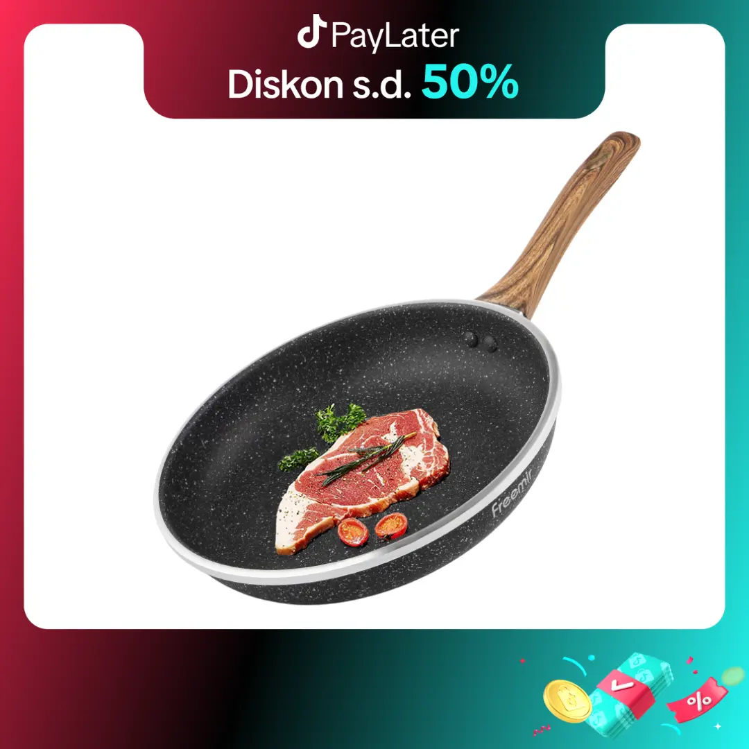 [SPECIAL] freemir Best Granit Bebas PFOA Wajan Penggorengan 24 CM Hitam Anti Lengket Gagang Kayu Perlengkapan Panci Kitchenware