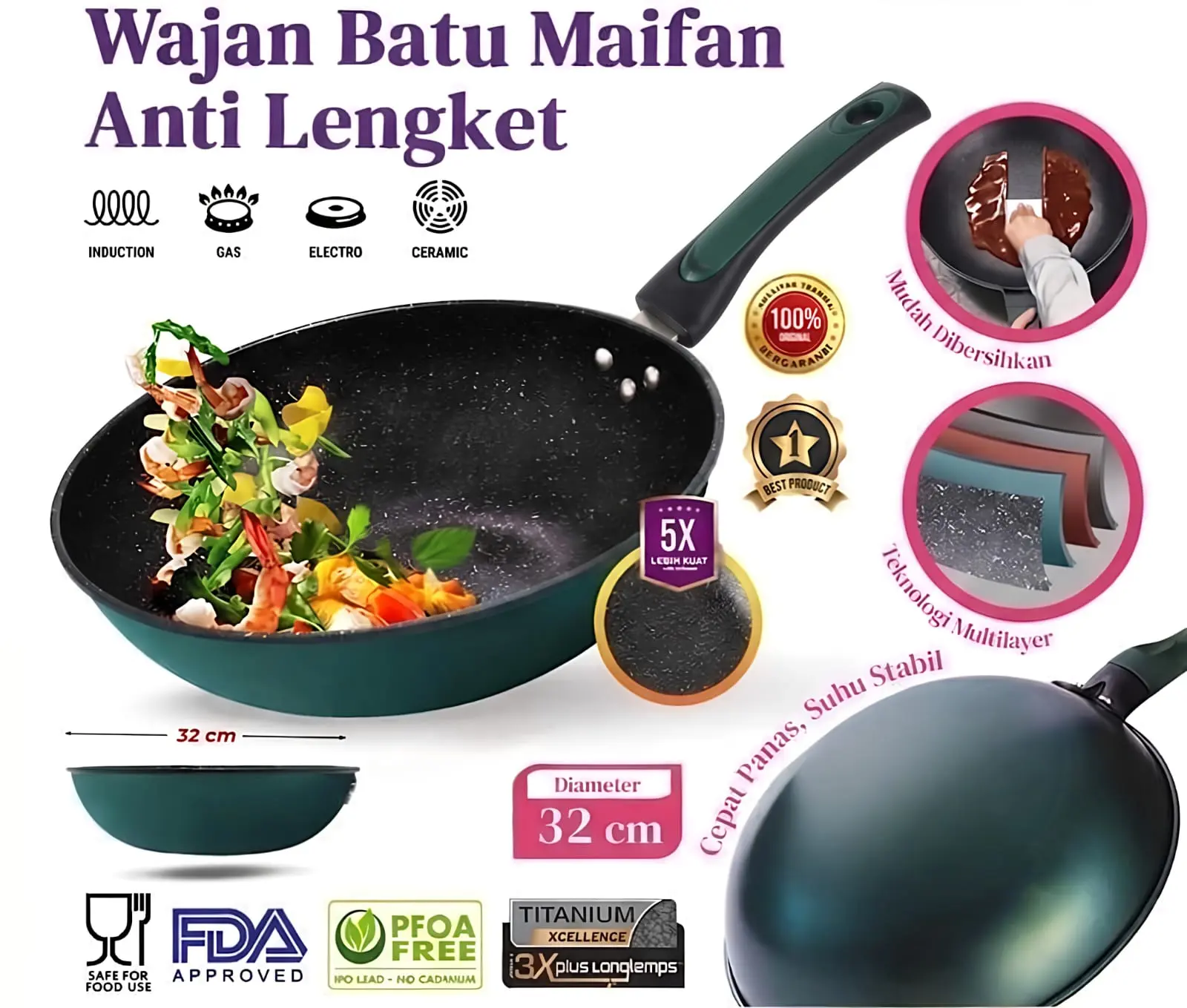 Kitchenware Supercook Wajan Batu Medis Anti Lengket Tahan Gores 32 Cm Lebih Tebal dan Tinggi Bisa Untuk Kompor Gas Dan Kompor Listrik COD