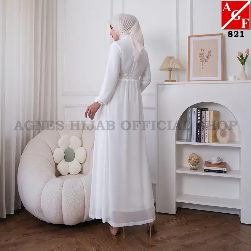 Agnes Hijab - Khairany Dress Gamis Putih Lebaran 2025 Dewasa Premium Elegan Gaun Mewah Elegan Karet Kombinasi Mutiara Pesta Kondangan Haji Umroh 821 3