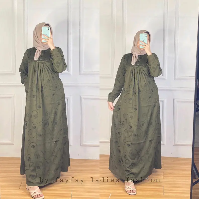 Fay Fay Amanda Baju Gamis Kain Polo Linen Full Bordir Size M LD 94cm Free Hijab Muslim Dress Dewasa lebaran 2