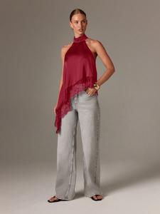 Top de satén sin mangas para mujer con cuello alto y ribete de encaje, asimétrico; camisa elegante para la noche y ocasiones especiales; chaleco elegante de espalda descubierta