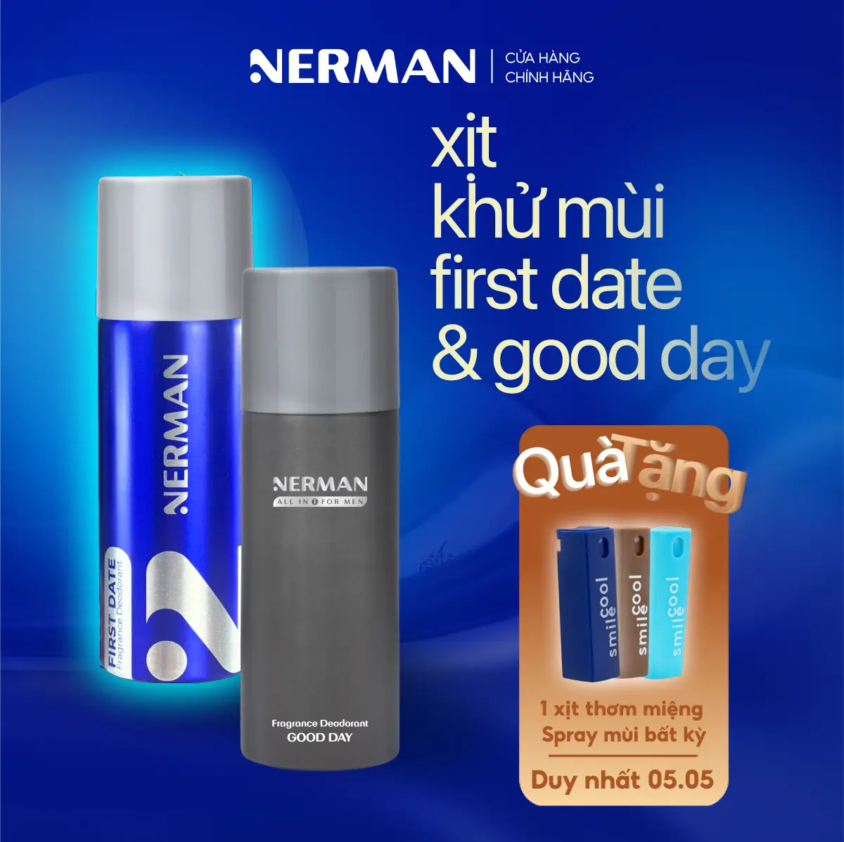 [Mua 2 tặng 1] Xịt khử mùi nam giới hương nước hoa Good Day, First Date Nerman 100ml [tặng 1 xịt thơm miệng Spray vị bất kỳ]
