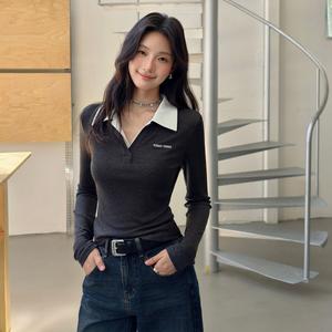 Korean-style beautiful tops T-shirts, college-style women's tops for school, polo collar fake two-piece, beautiful and fashionable, long-sleeved T-shirts, 2025 autumn and winter fashion new design women's tops clothing 3800