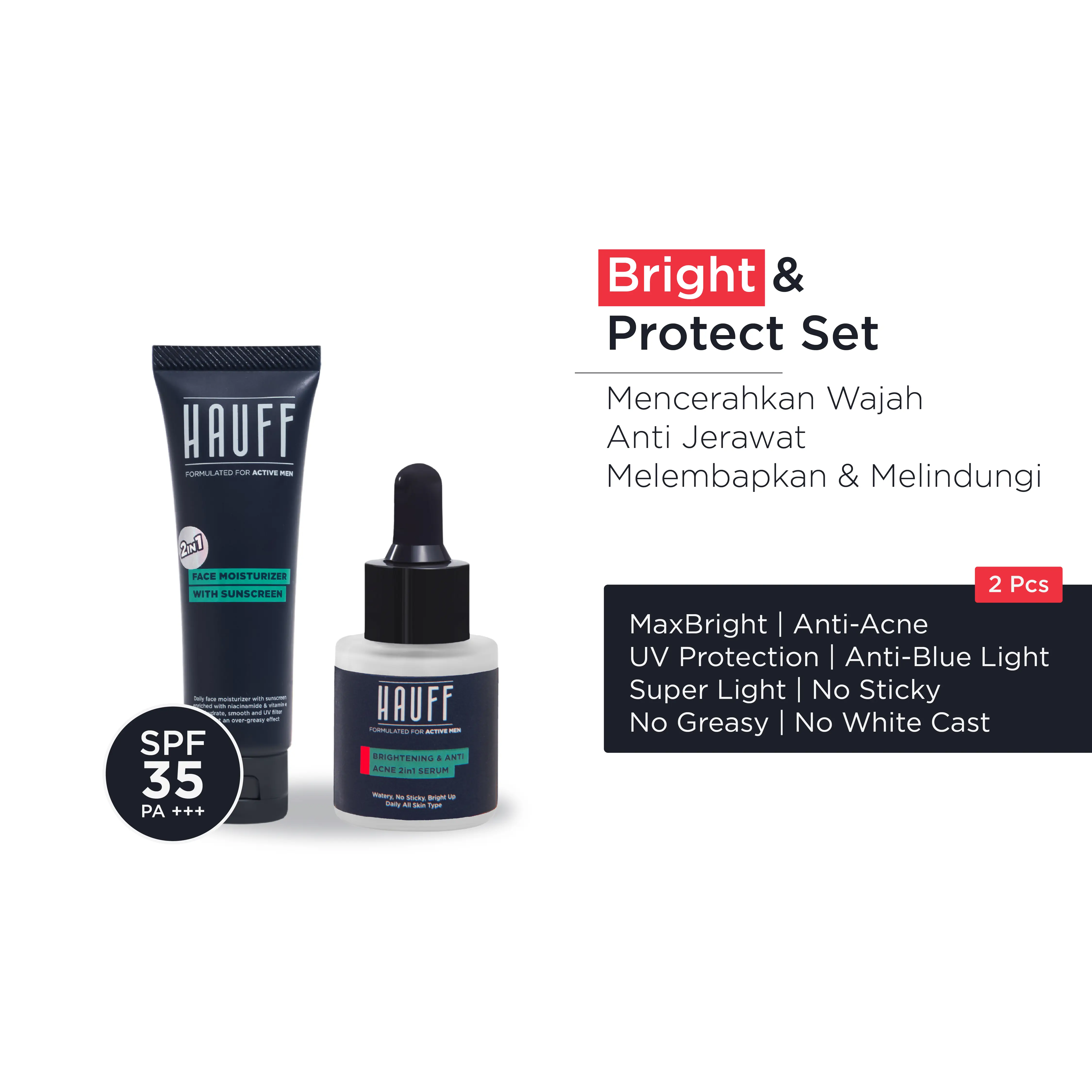 [V] HAUFF BRIGHT & PROTECT SET | Paket Skincare Pria | Mencerahkan Wajah Kusam | Anti Jerawat | Menyamarkan Noda Hitam | Meratakan Warna Kulit | Niacinamide, Alpha Arbutin, Salicylic Acid, 4 Types of Hyaluronic Acid, 10-Fruit Extract Complex | SPF35 PA+++
