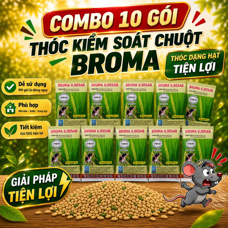 Broma Combo 10 Gói Thóc Kiểm Soát Chuột 0.005AB - Giải Pháp An Toàn Hiệu Quả Cho Gia Đình & Nông Nghiệp - Hạt Thóc Trộn Sẵn Dễ Dùng